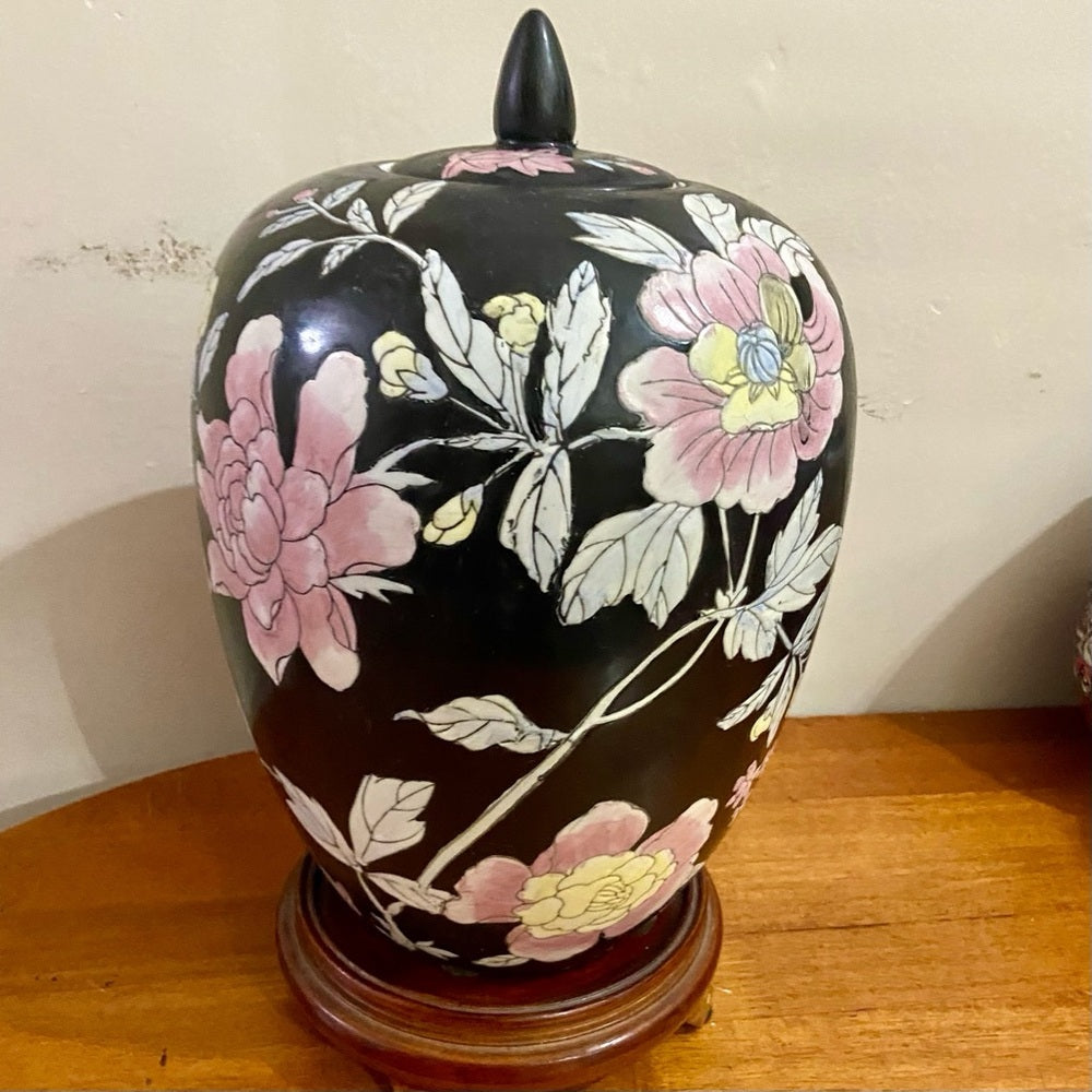 Vintage, Floral, Large, Heavy Temple Jar or Urn 15in H x 8.5in D