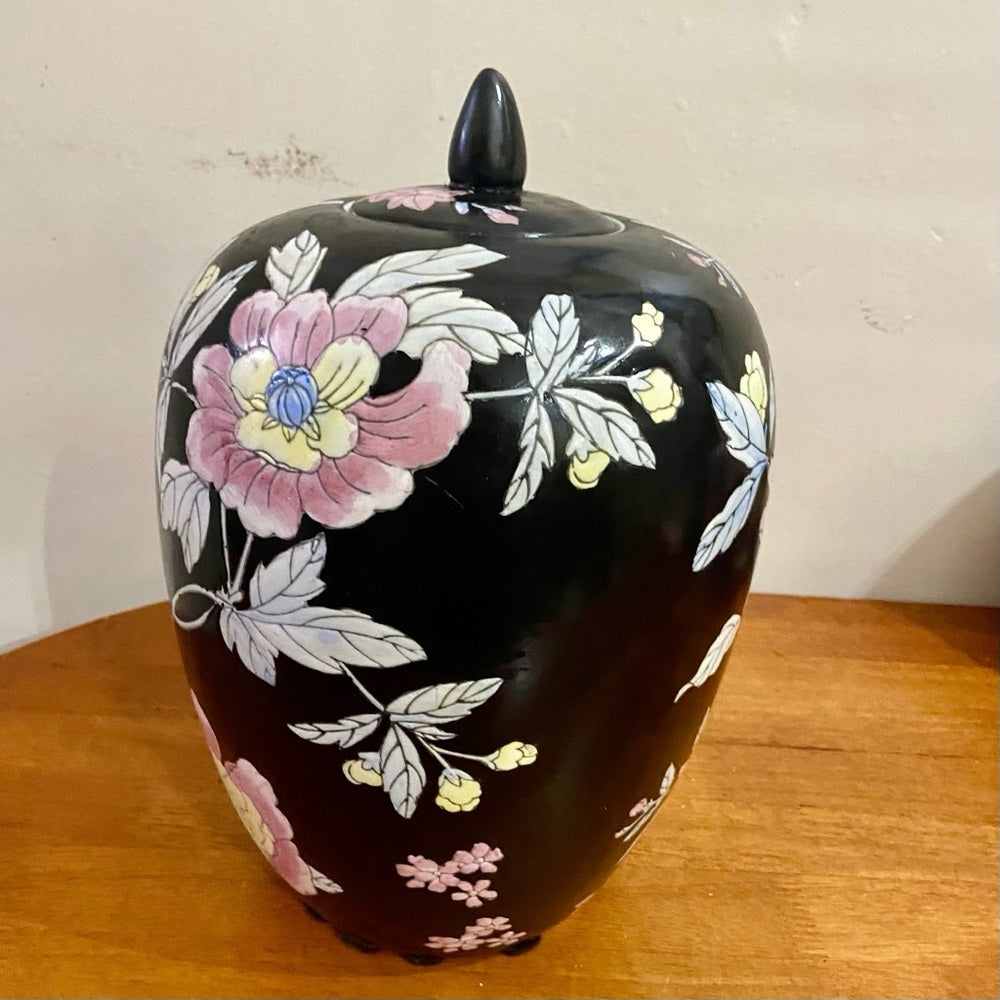 Vintage, Floral, Large, Heavy Temple Jar or Urn 15in H x 8.5in D