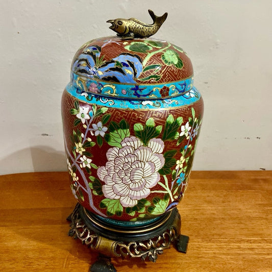 Antique, Floral Cloisonné Style Large, Temple Jar or Urn with Finial 14in x 8in