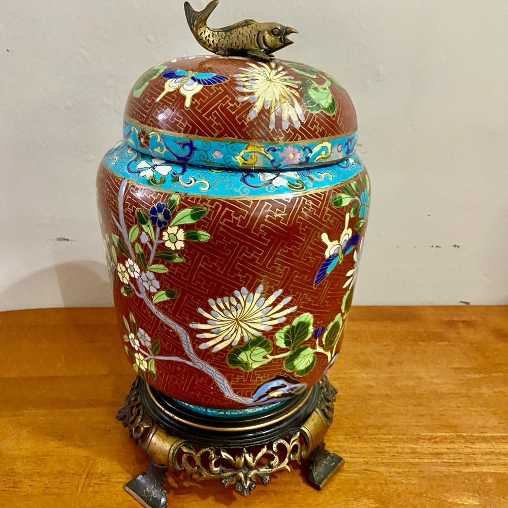 Antique, Floral Cloisonné Style Large, Temple Jar or Urn with Finial 14in x 8in