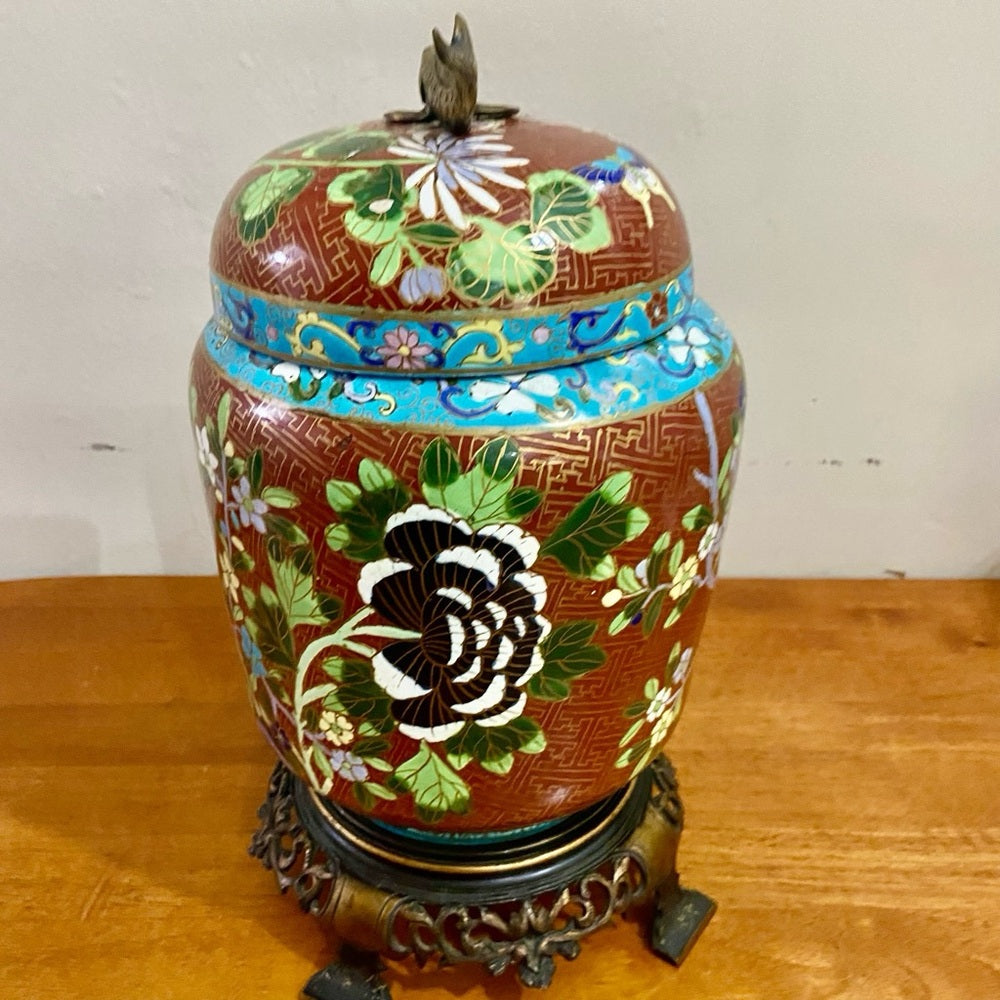 Antique, Floral Cloisonné Style Large, Temple Jar or Urn with Finial 14in x 8in