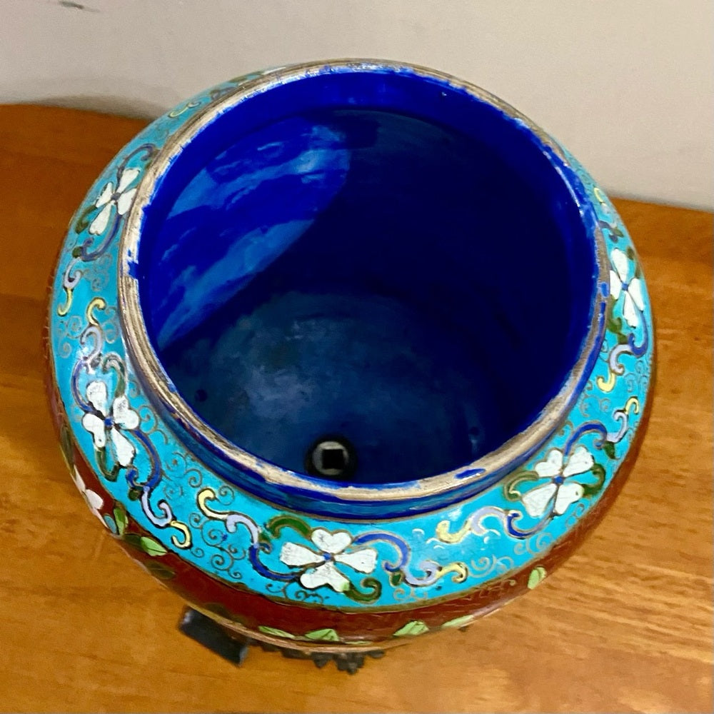 Antique, Floral Cloisonné Style Large, Temple Jar or Urn with Finial 14in x 8in