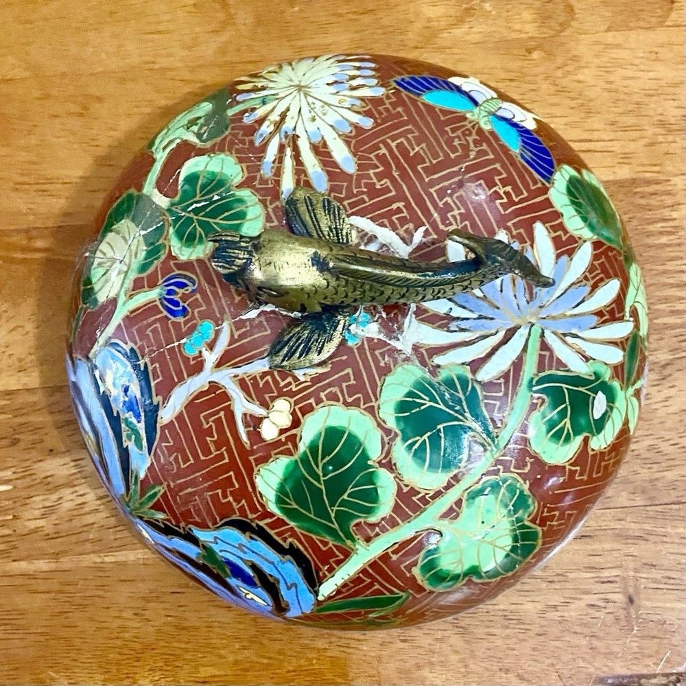 Antique, Floral Cloisonné Style Large, Temple Jar or Urn with Finial 14in x 8in