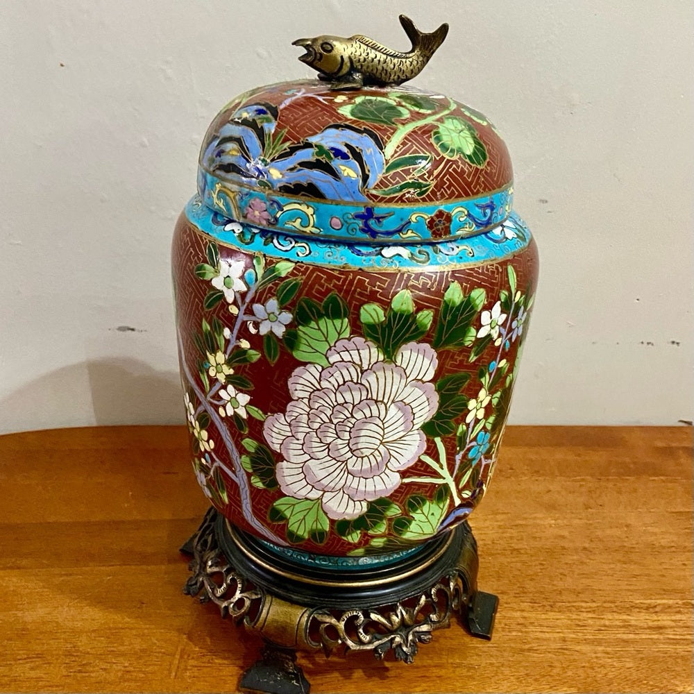 Antique, Floral Cloisonné Style Large, Temple Jar or Urn with Finial 14in x 8in