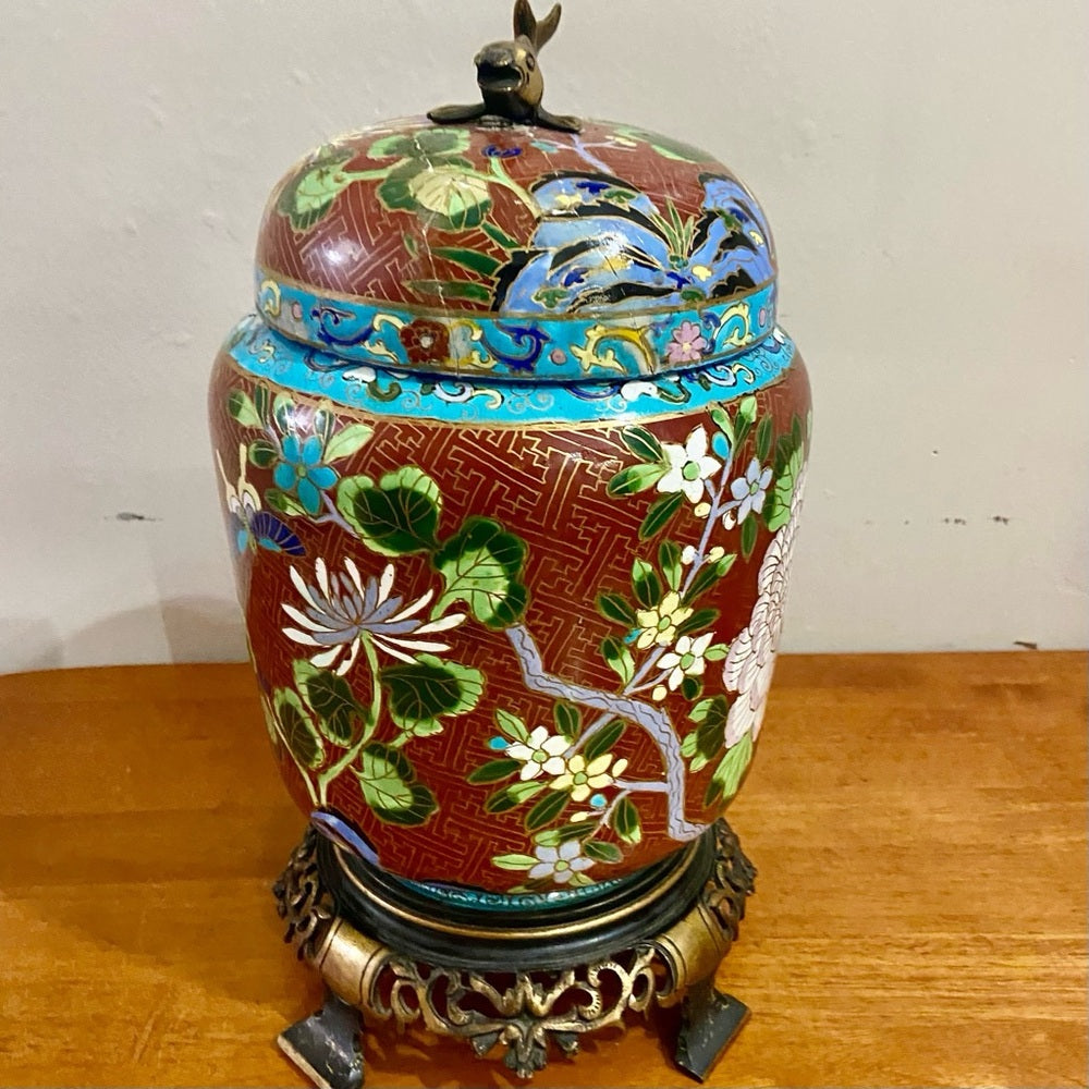 Antique, Floral Cloisonné Style Large, Temple Jar or Urn with Finial 14in x 8in