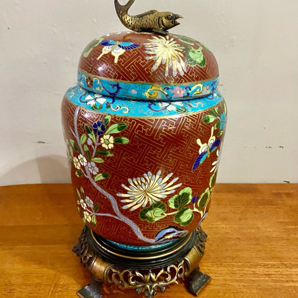 Antique, Floral Cloisonné Style Large, Temple Jar or Urn with Finial 14in x 8in
