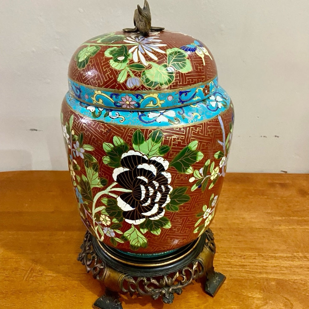 Antique, Floral Cloisonné Style Large, Temple Jar or Urn with Finial 14in x 8in