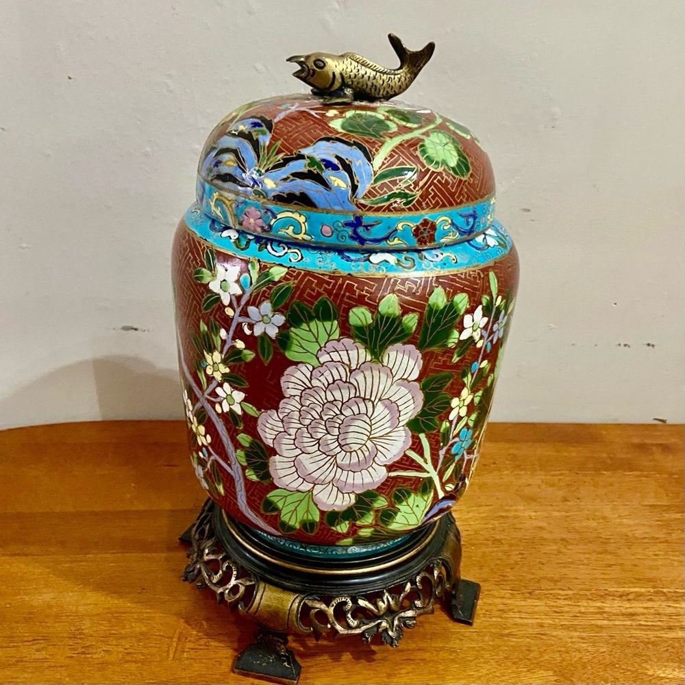 Antique, Floral Cloisonné Style Large, Temple Jar or Urn with Finial 14in x 8in