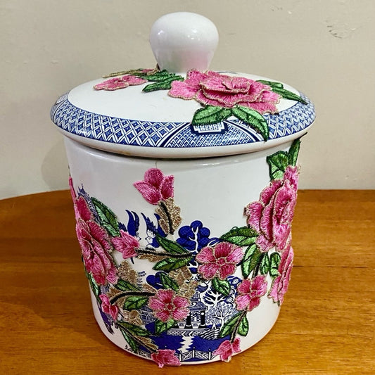 Vintage, Blue Willow -Floral One of a kind Memory Jar 9.5in H x 7.5in