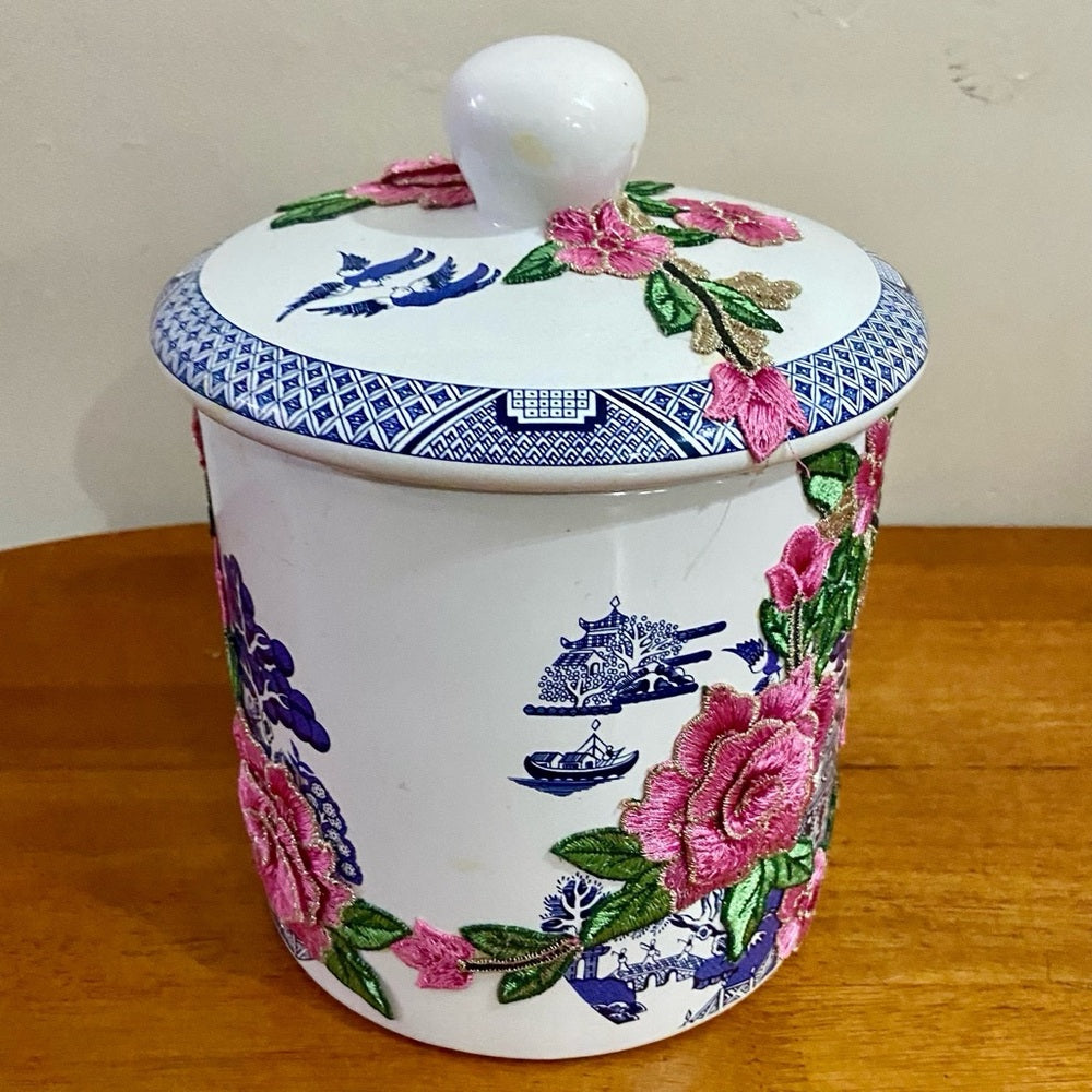 Vintage, Blue Willow -Floral One of a kind Memory Jar 9.5in H x 7.5in