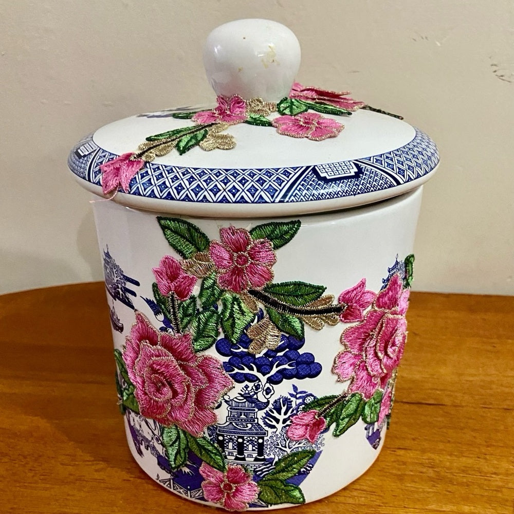 Vintage, Blue Willow -Floral One of a kind Memory Jar 9.5in H x 7.5in
