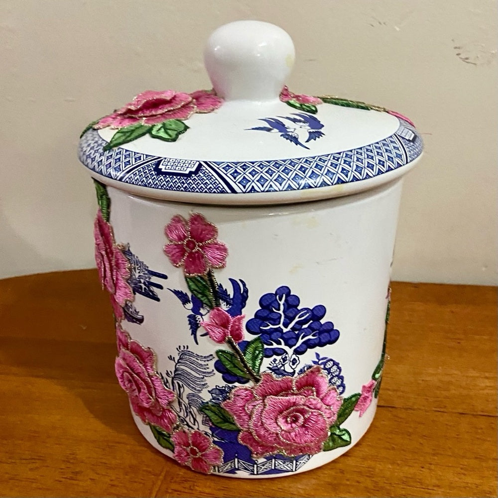 Vintage, Blue Willow -Floral One of a kind Memory Jar 9.5in H x 7.5in