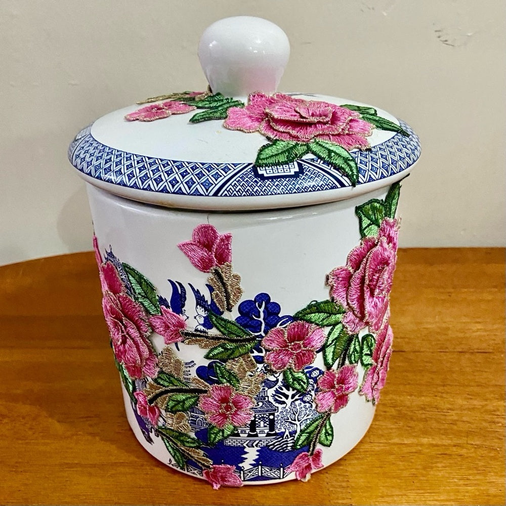 Vintage, Blue Willow -Floral One of a kind Memory Jar 9.5in H x 7.5in
