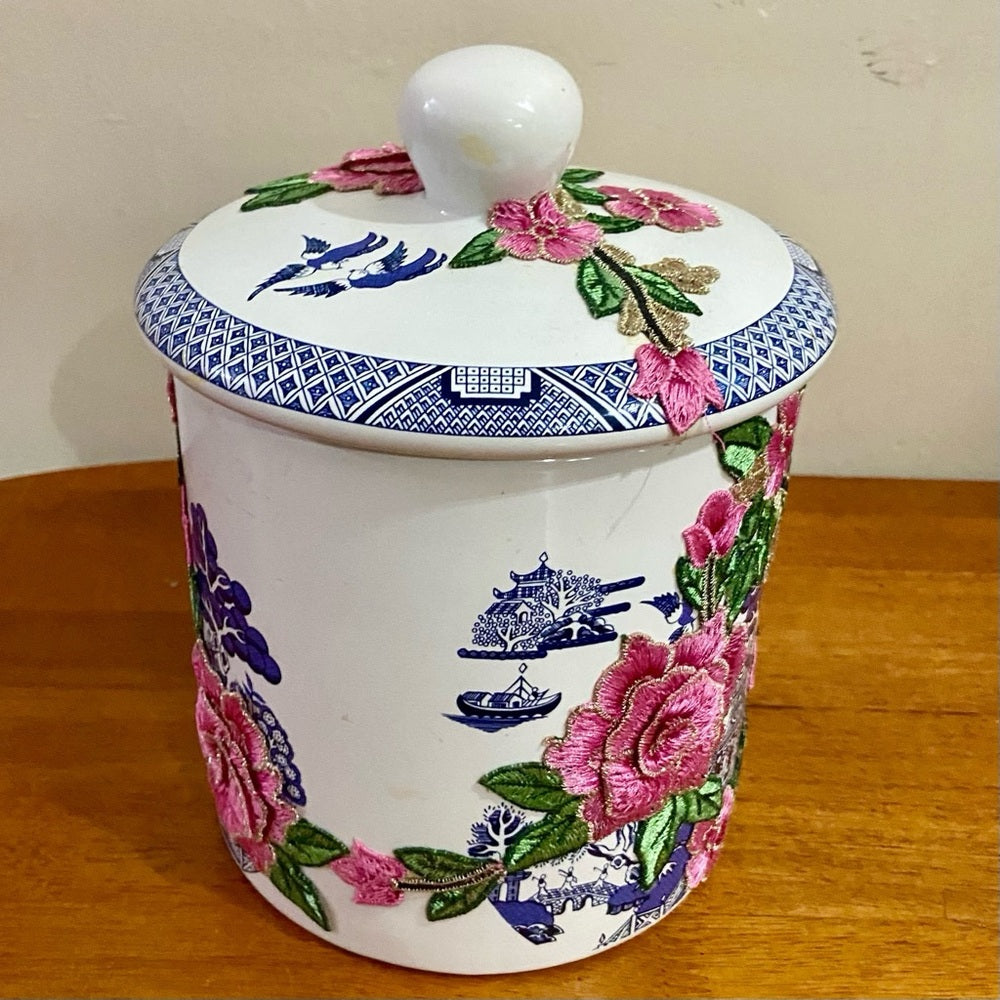 Vintage, Blue Willow -Floral One of a kind Memory Jar 9.5in H x 7.5in