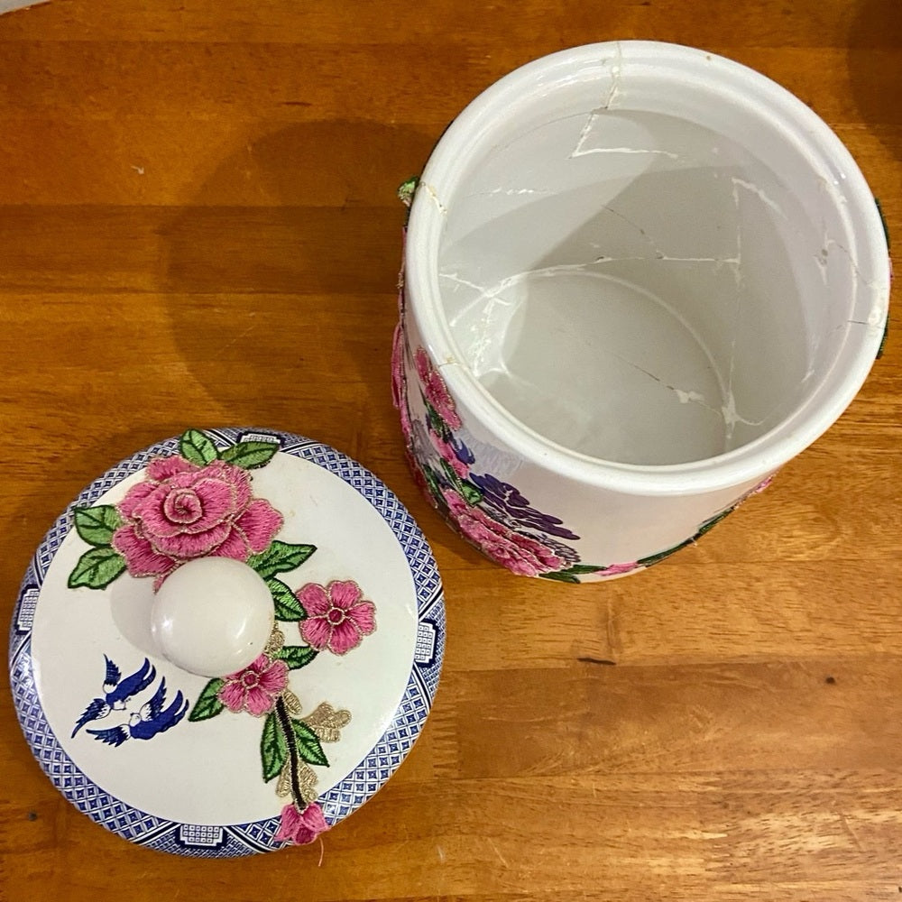 Vintage, Blue Willow -Floral One of a kind Memory Jar 9.5in H x 7.5in