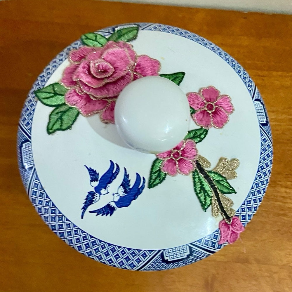 Vintage, Blue Willow -Floral One of a kind Memory Jar 9.5in H x 7.5in