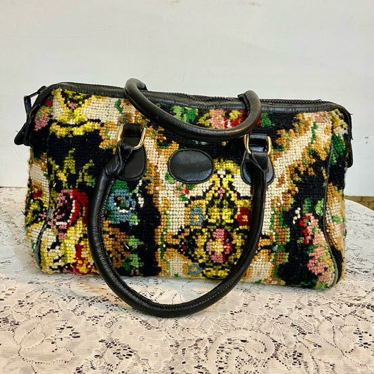 Vintage, Jana, Black, Floral, Hand Made Tapestry Handbag 13in L x 10in H x 4in W