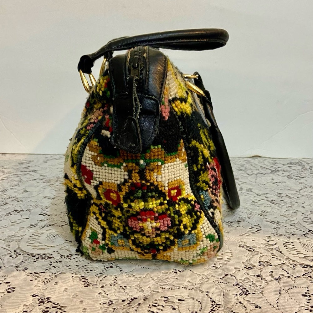 Vintage, Jana, Black, Floral, Hand Made Tapestry Handbag 13in L x 10in H x 4in W