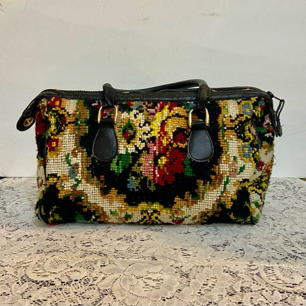 Vintage, Jana, Black, Floral, Hand Made Tapestry Handbag 13in L x 10in H x 4in W