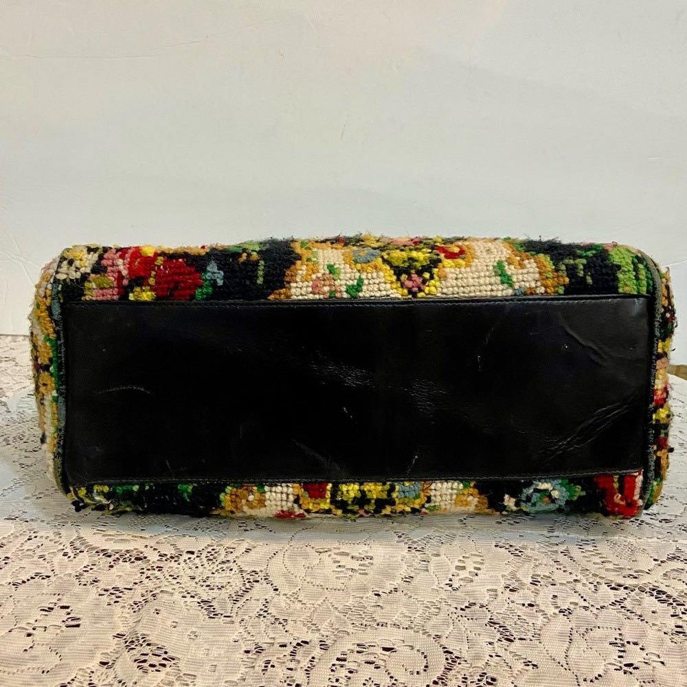 Vintage, Jana, Black, Floral, Hand Made Tapestry Handbag 13in L x 10in H x 4in W