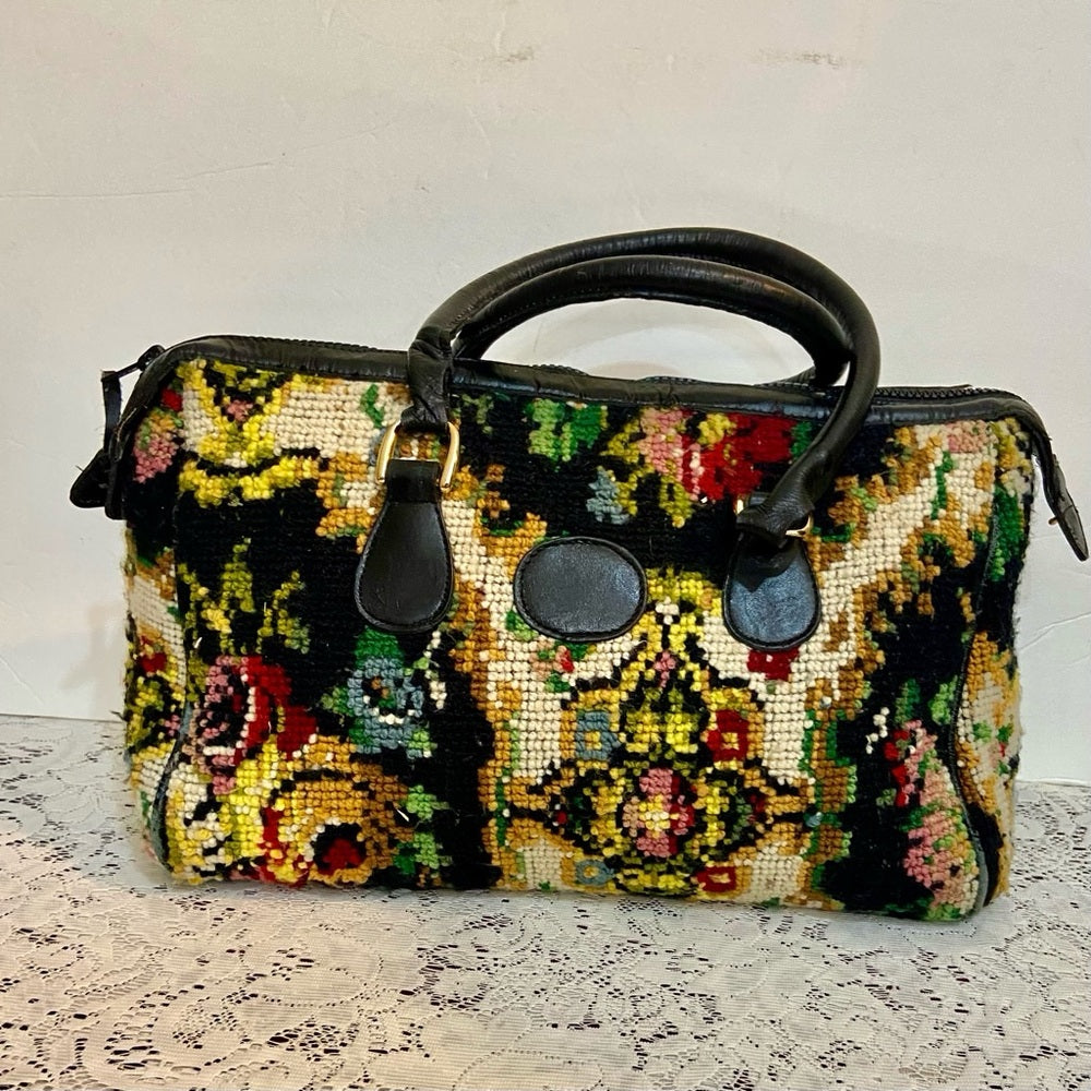 Vintage, Jana, Black, Floral, Hand Made Tapestry Handbag 13in L x 10in H x 4in W