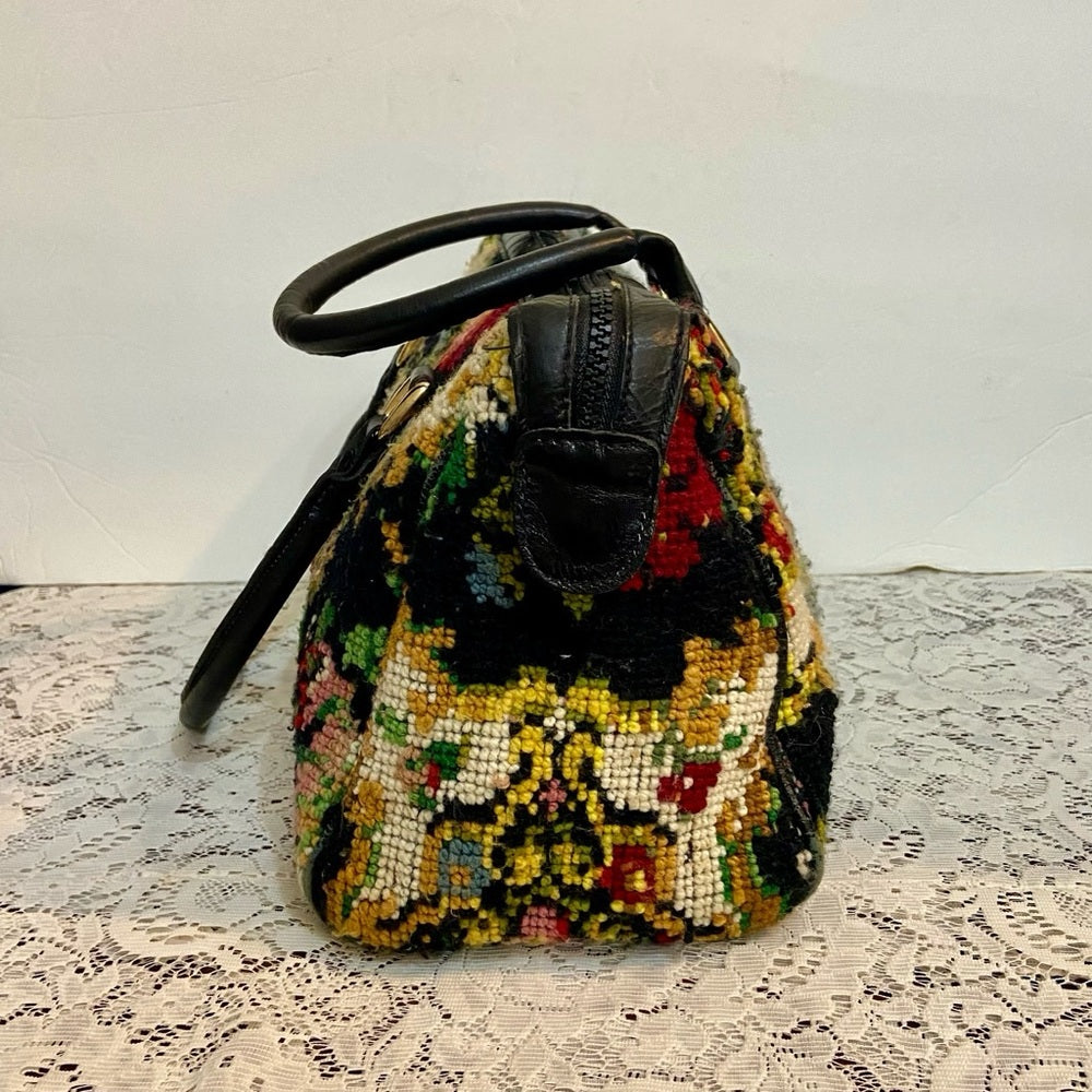 Vintage, Jana, Black, Floral, Hand Made Tapestry Handbag 13in L x 10in H x 4in W