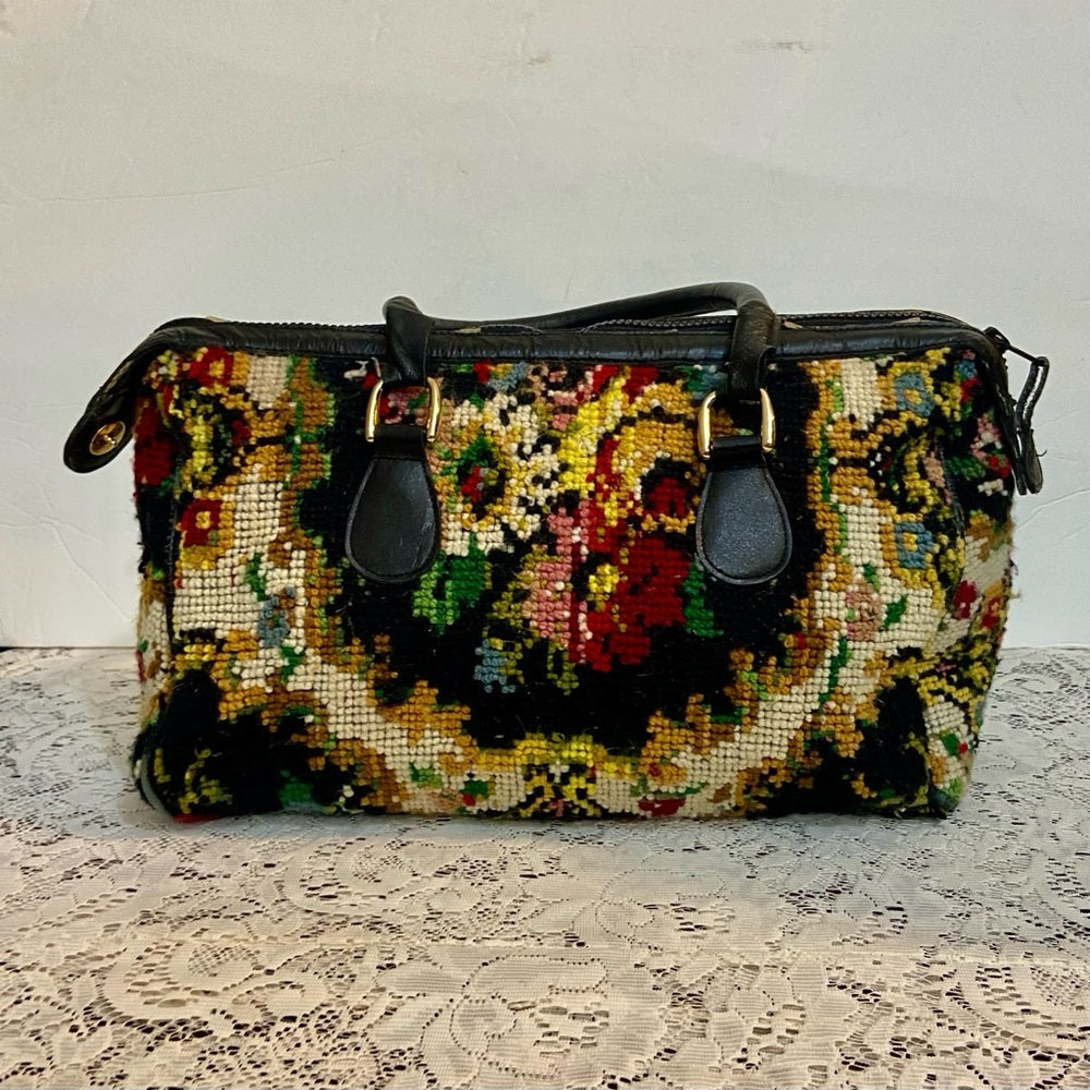 Vintage, Jana, Black, Floral, Hand Made Tapestry Handbag 13in L x 10in H x 4in W