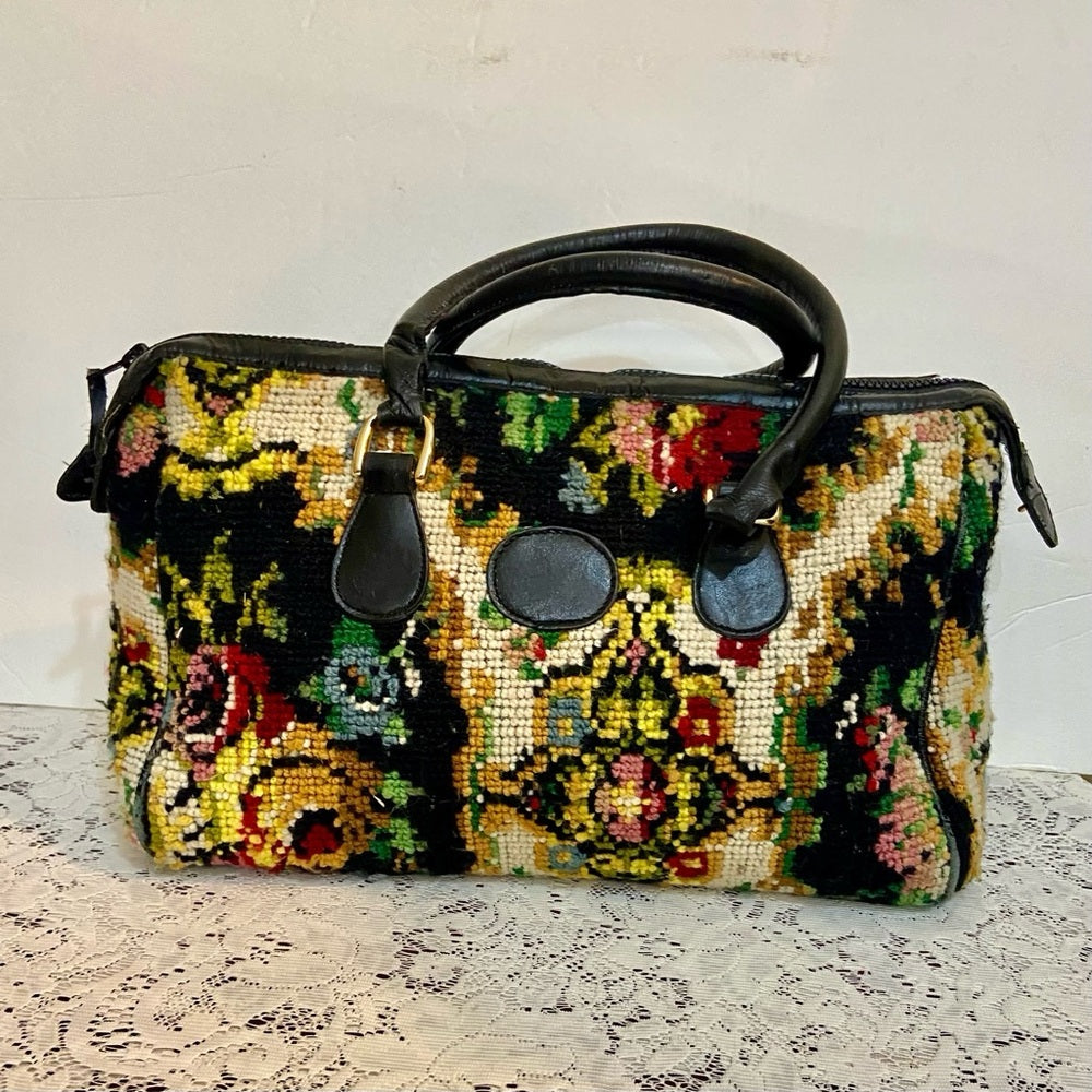 Vintage, Jana, Black, Floral, Hand Made Tapestry Handbag 13in L x 10in H x 4in W