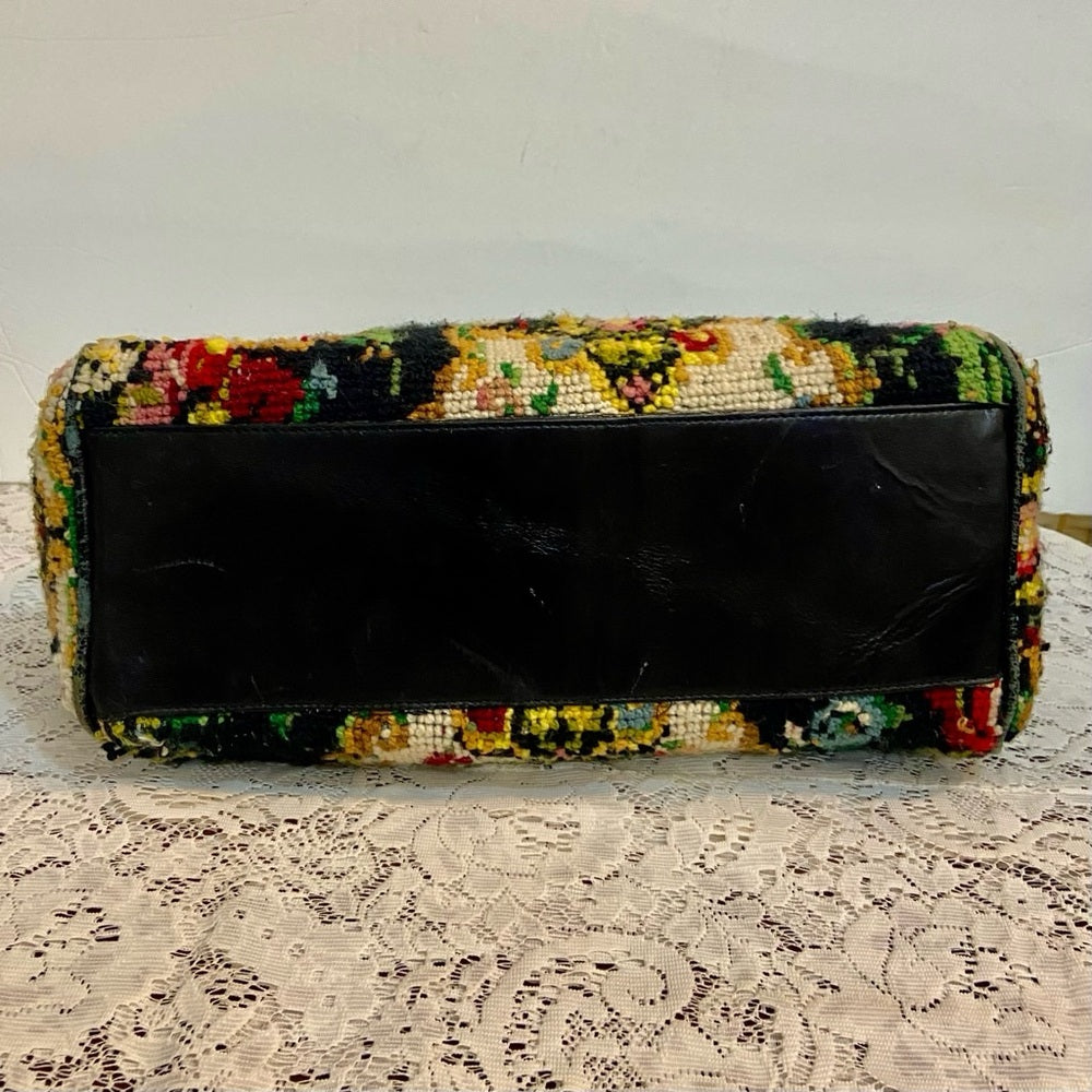 Vintage, Jana, Black, Floral, Hand Made Tapestry Handbag 13in L x 10in H x 4in W