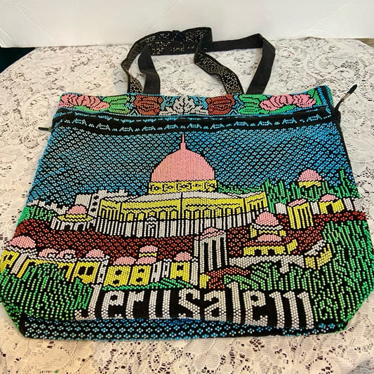 Vintage, Jerusalem, Colorful Beaded Tote Handbag 14in L x 12in H x 3.5in W