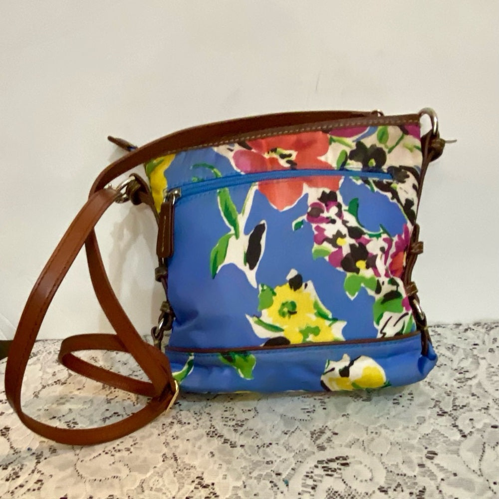 Chaps Blue Floral Crossbody Bag ( 8in x 7in x 2.5in)