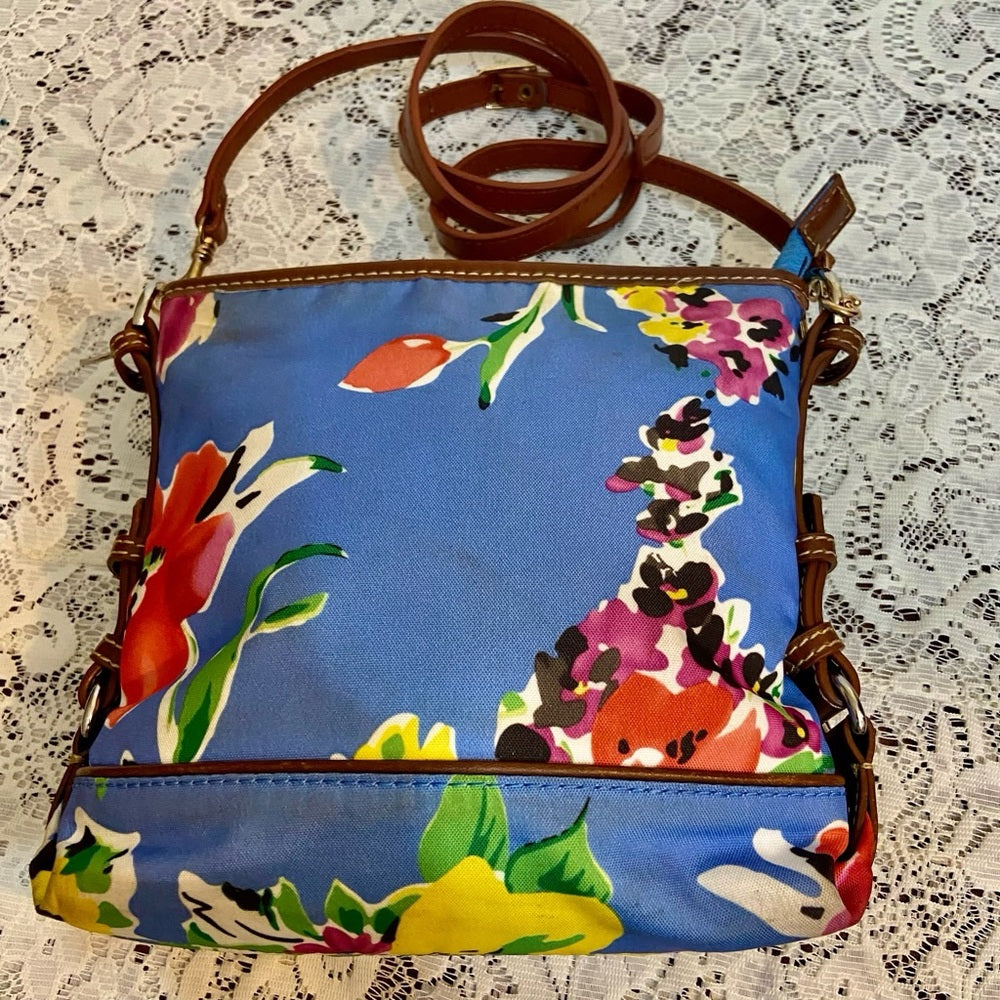 Chaps Blue Floral Crossbody Bag ( 8in x 7in x 2.5in)