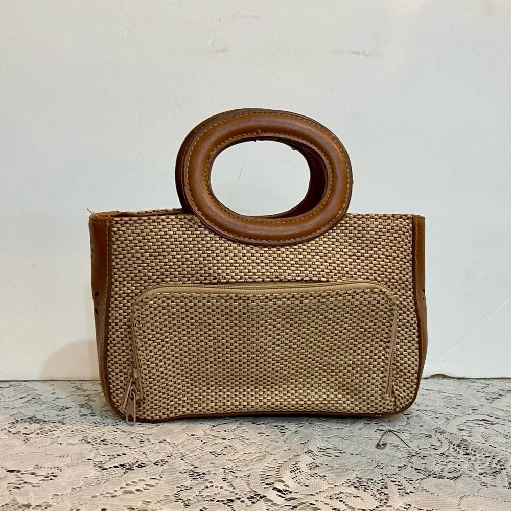 Rosetti  Beige Straw- Brown Leather Trim Handbag-Crossbody. (9.5in x 6in x 3in)