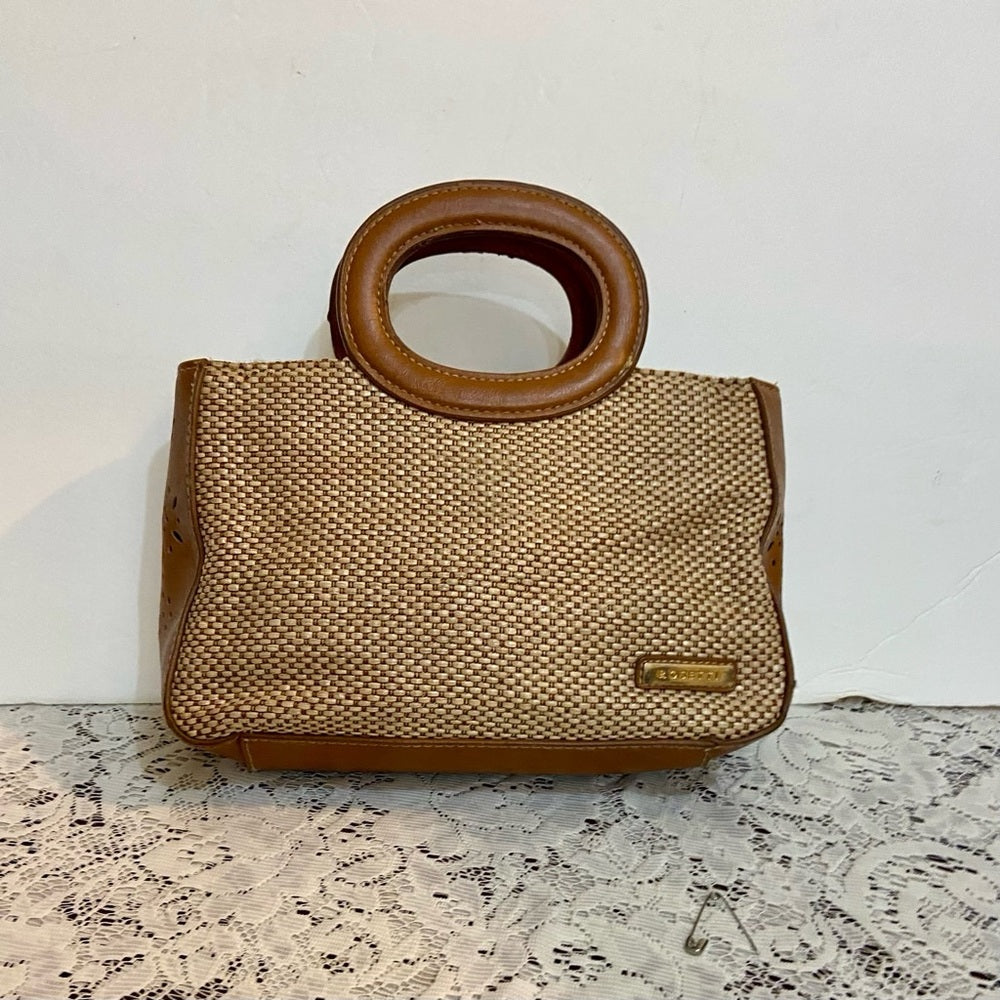 Rosetti  Beige Straw- Brown Leather Trim Handbag-Crossbody. (9.5in x 6in x 3in)