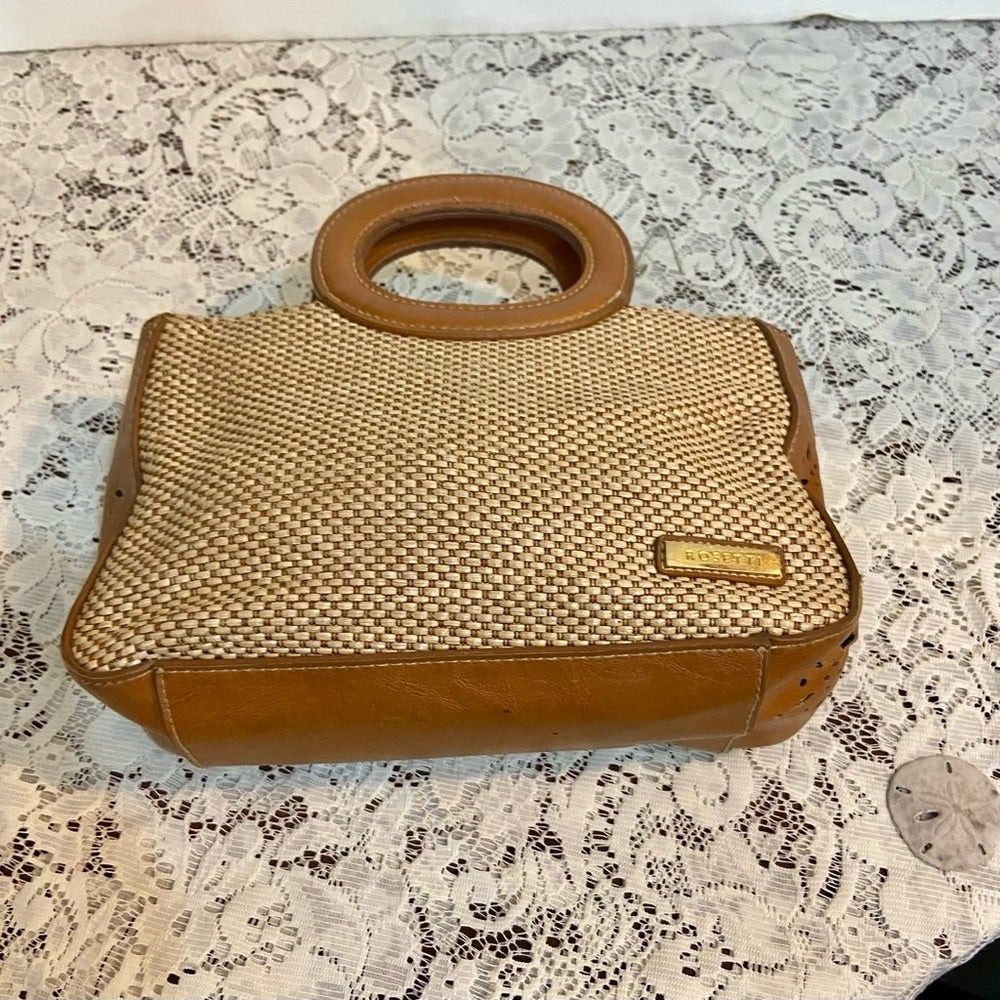 Rosetti  Beige Straw- Brown Leather Trim Handbag-Crossbody. (9.5in x 6in x 3in)