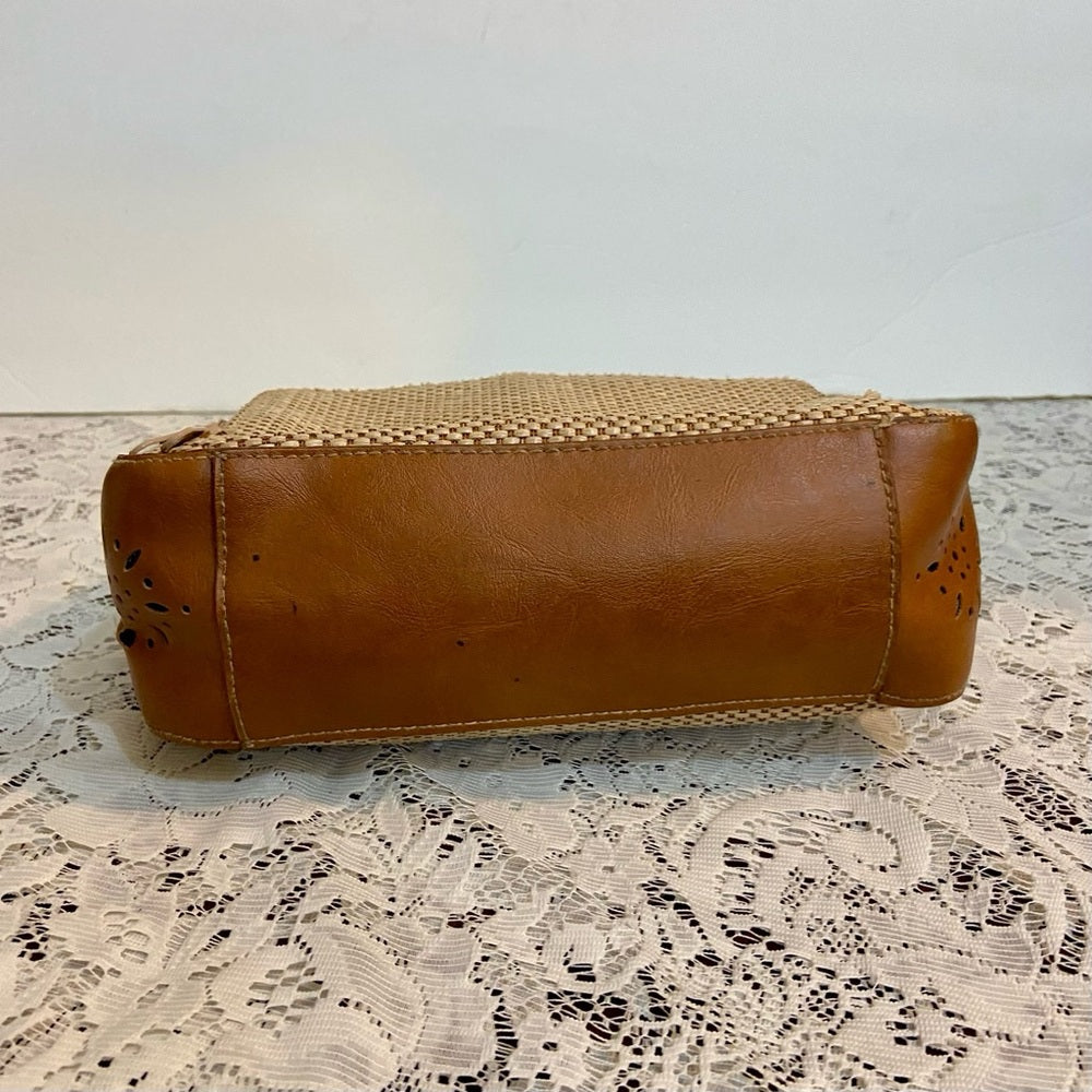 Rosetti  Beige Straw- Brown Leather Trim Handbag-Crossbody. (9.5in x 6in x 3in)
