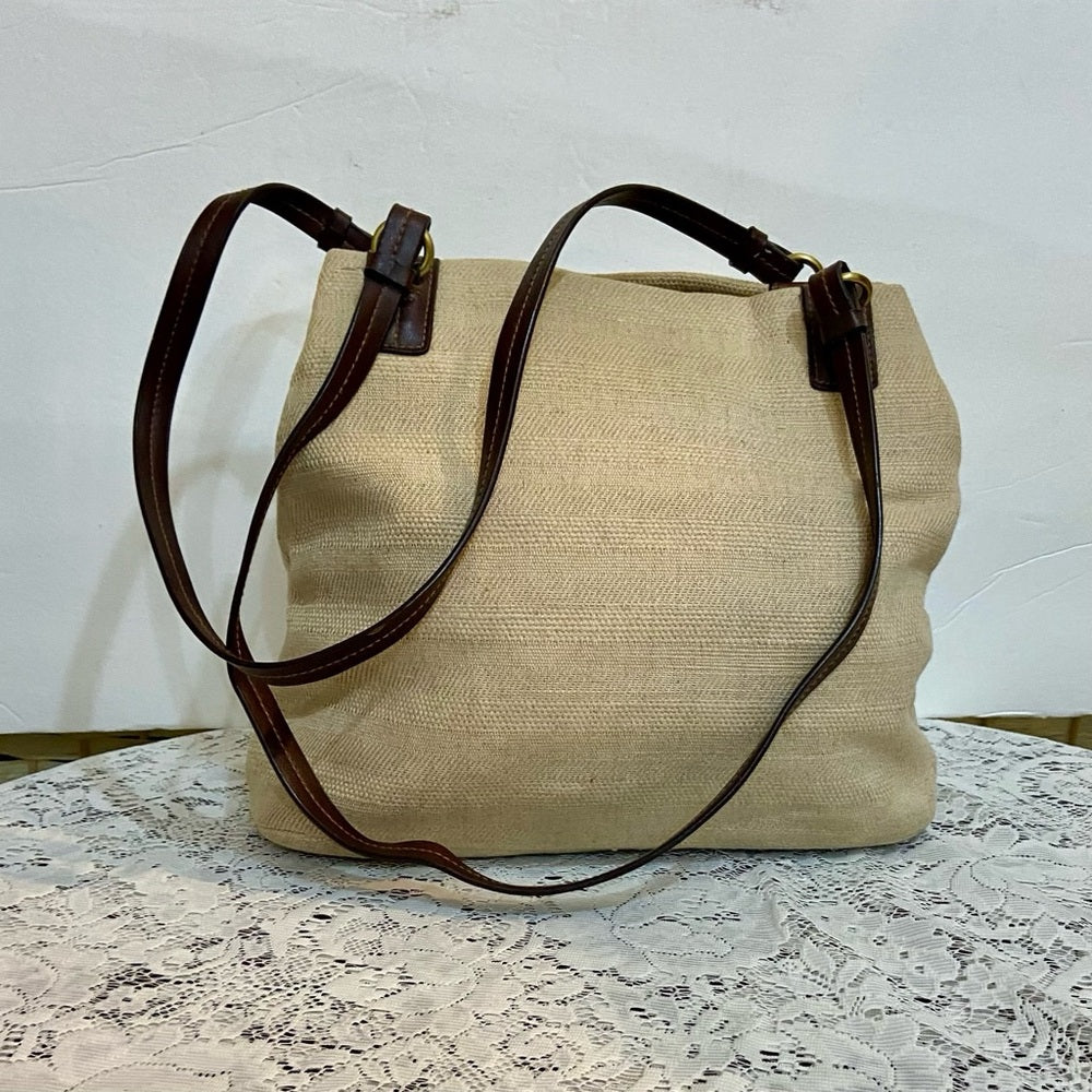 Beige Canvas with Brown Leather Shoulder Bag