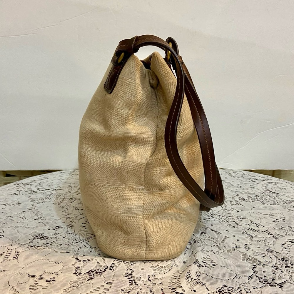 Beige Canvas with Brown Leather Shoulder Bag