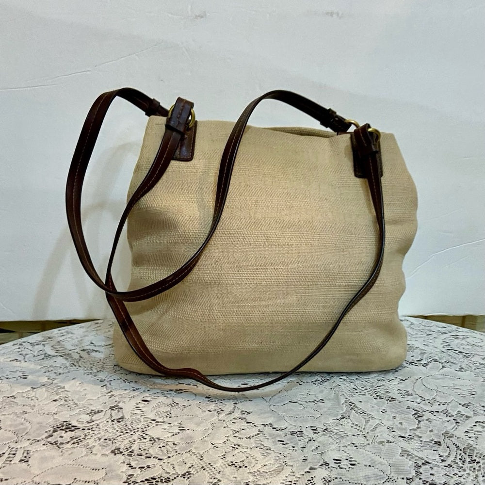 Beige Canvas with Brown Leather Shoulder Bag