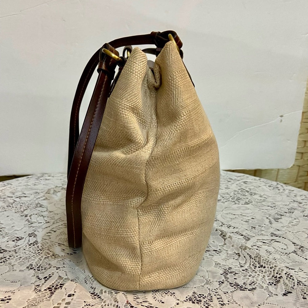 Beige Canvas with Brown Leather Shoulder Bag