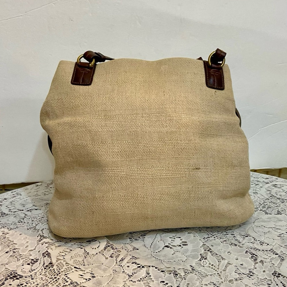 Beige Canvas with Brown Leather Shoulder Bag