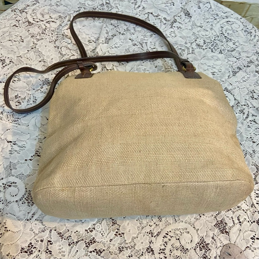 Beige Canvas with Brown Leather Shoulder Bag
