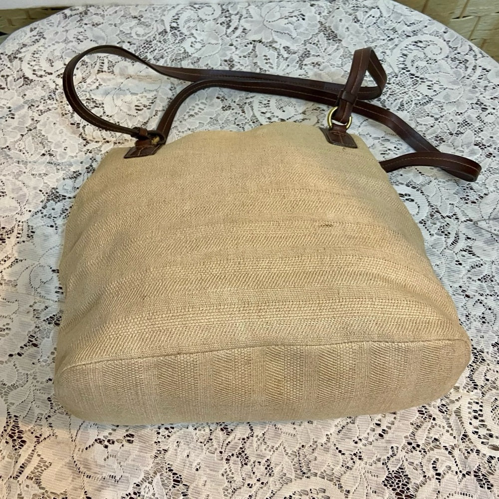 Beige Canvas with Brown Leather Shoulder Bag