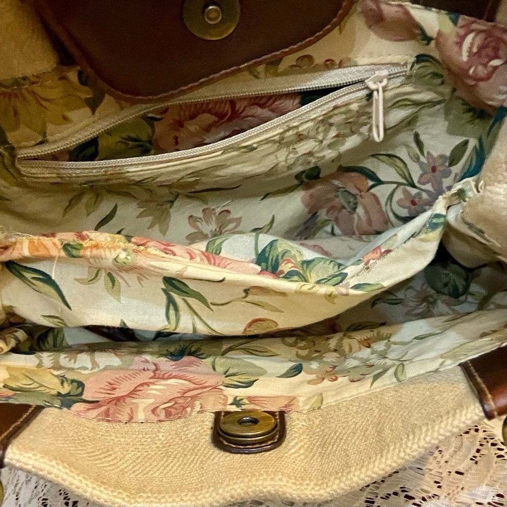 Beige Canvas with Brown Leather Shoulder Bag