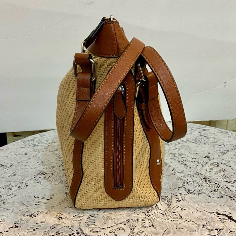 Chaps Beige Shoulder Bag with Brown Leather Strap