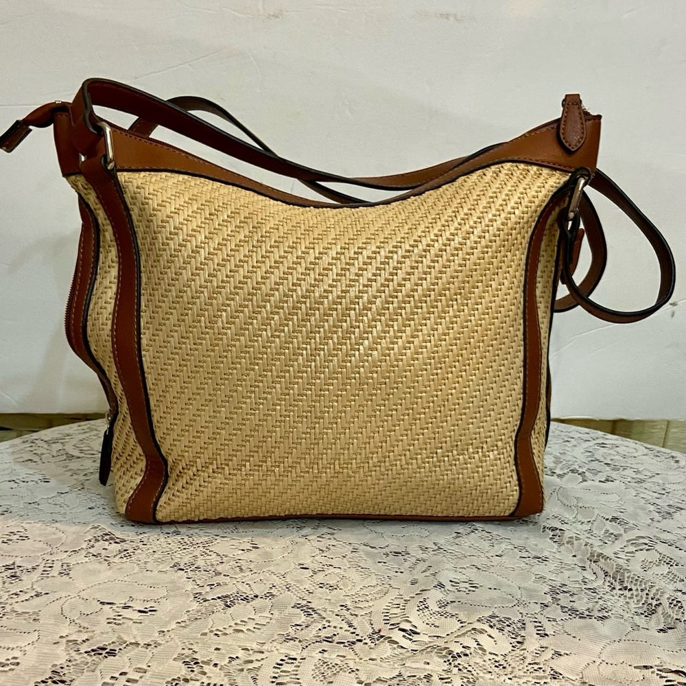 Chaps Beige Shoulder Bag with Brown Leather Strap