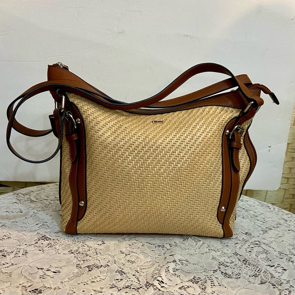 Chaps Beige Shoulder Bag with Brown Leather Strap