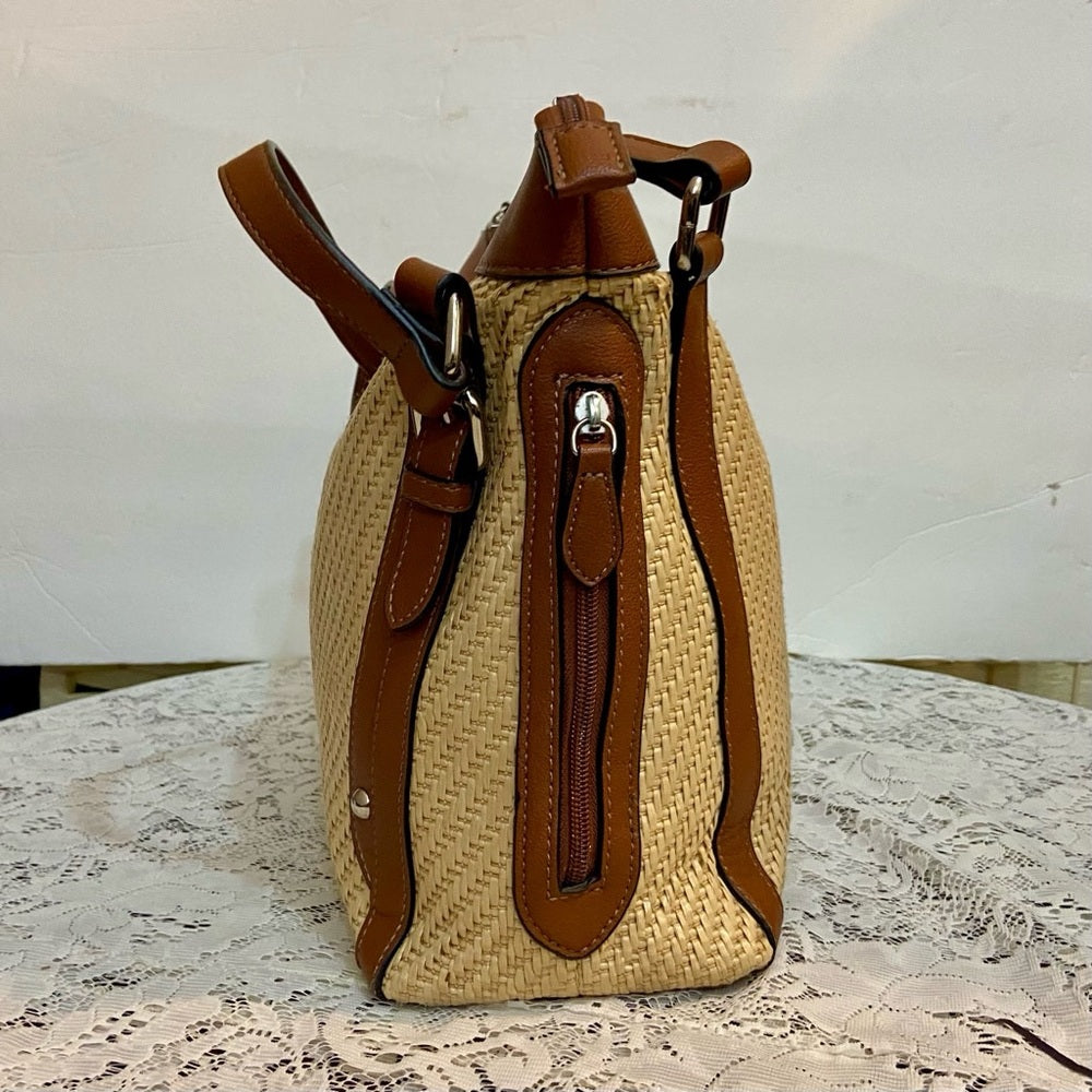 Chaps Beige Shoulder Bag with Brown Leather Strap