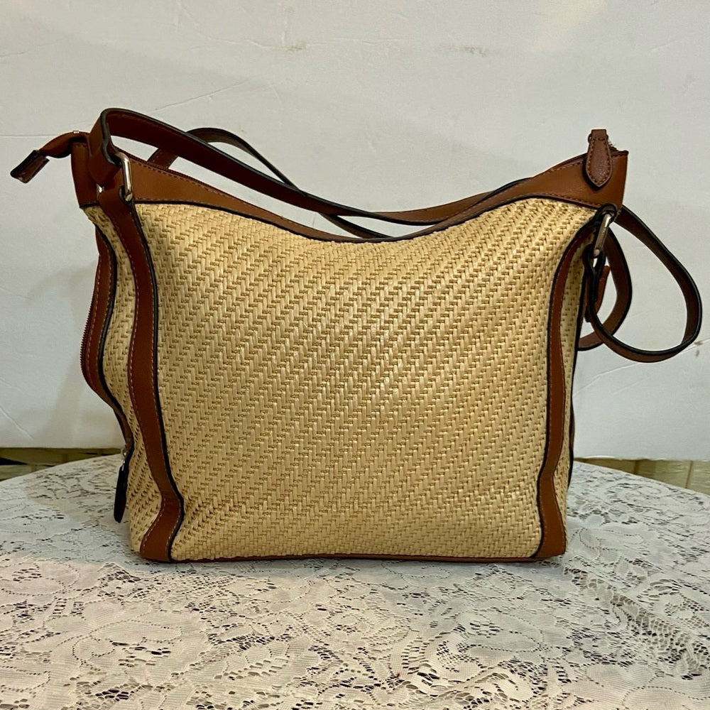 Chaps Beige Shoulder Bag with Brown Leather Strap