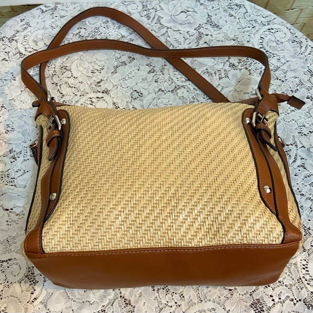 Chaps Beige Shoulder Bag with Brown Leather Strap